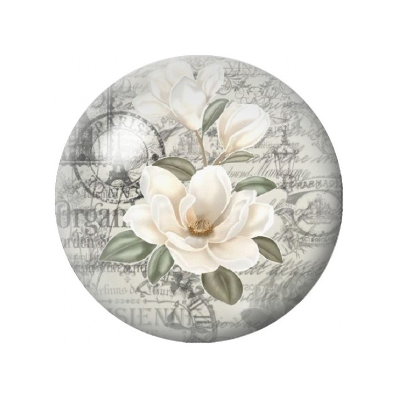 Cabochon en Verre Illustré Magnolia Blanc Vintage 12 à 25mm