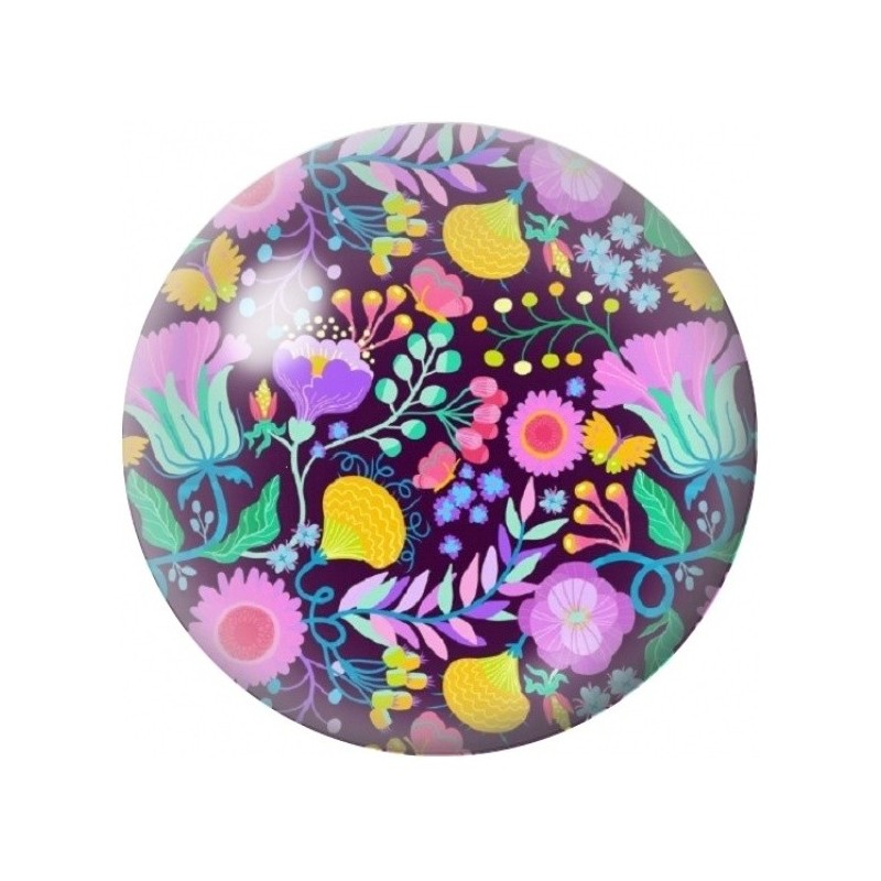 Cabochon en Verre Illustré Jardin Folk sur Fond Noir 12 à 25mm