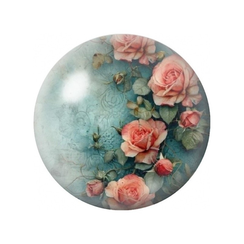 Cabochon en Verre Illustré Roses Pêche sur Fond Turquoise 12 à 25mm