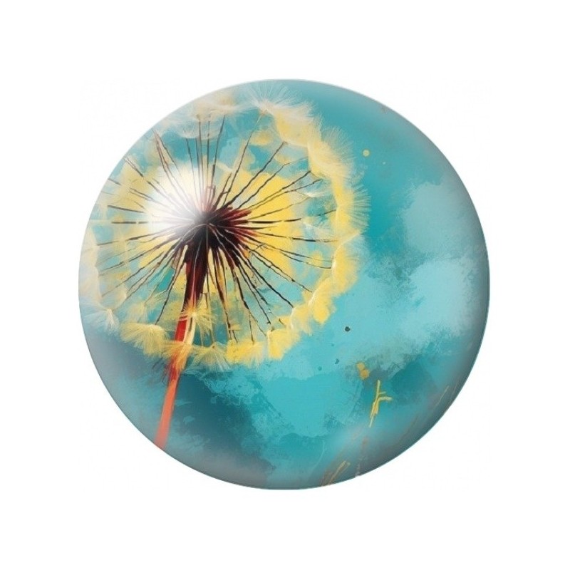 Cabochon en Verre Illustré Pissenlit Doré sur Fond Turquoise 12 à 25mm
