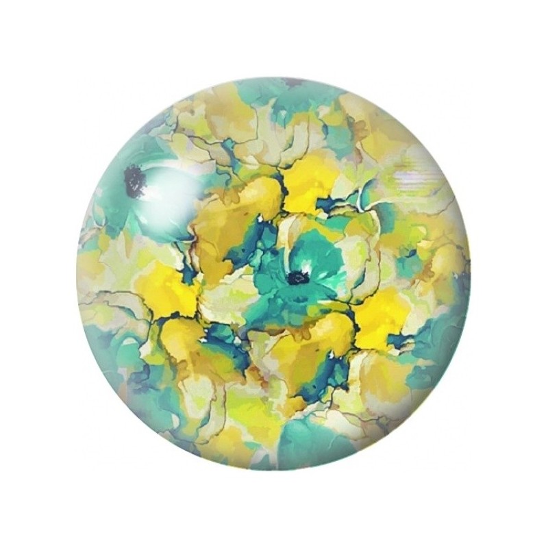 Cabochon en Verre Illustré Fleurs Jaunes et Turquoise Abstraites 12 à 25mm