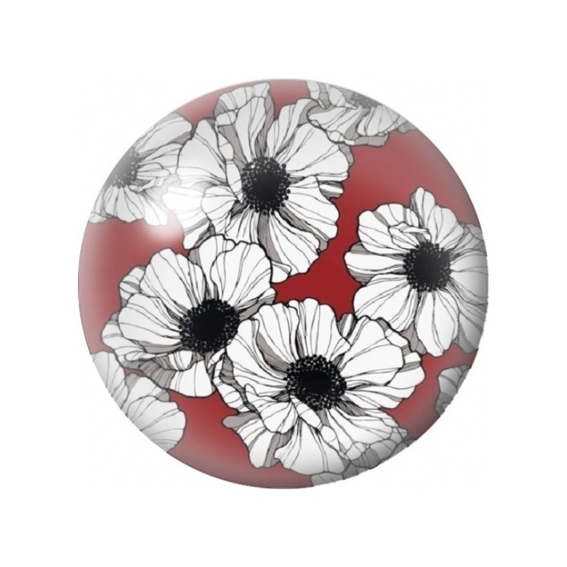 Cabochon en Verre Illustré Marguerites Blanches sur Fond Rouge 12 à 25mm