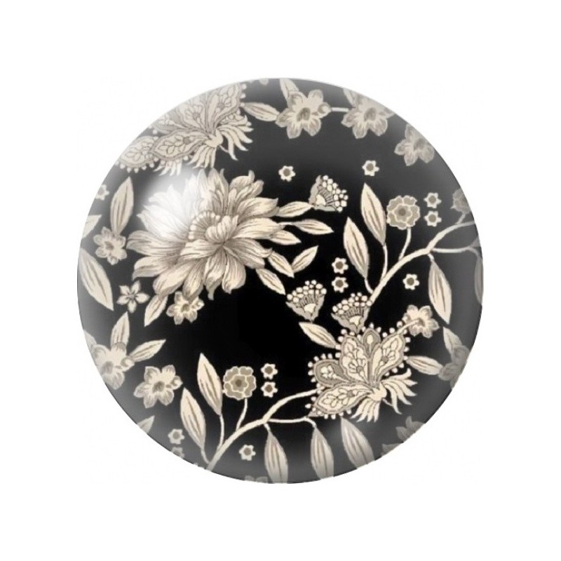 Cabochon en Verre Illustré Fleurs Ivoire sur Fond Noir 12 à 25mm