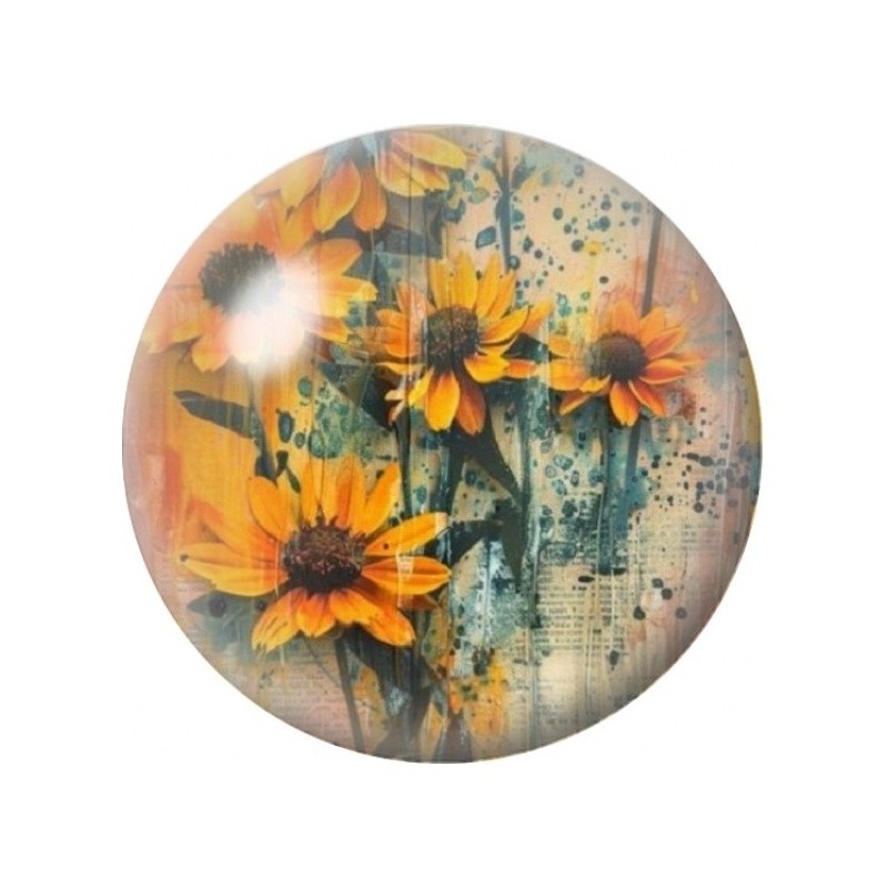 Cabochon en Verre Illustré Tournesols sur Fond Abstrait 12 à 25mm