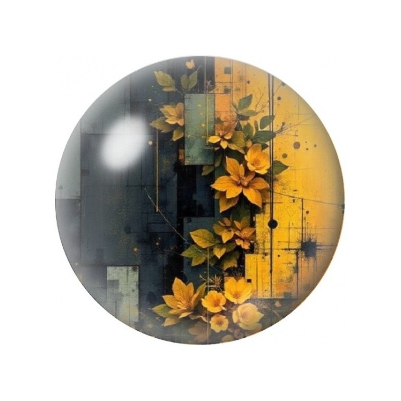 Cabochon en Verre Illustré Fleurs Jaunes sur Fond Géométrique 12 à 25mm