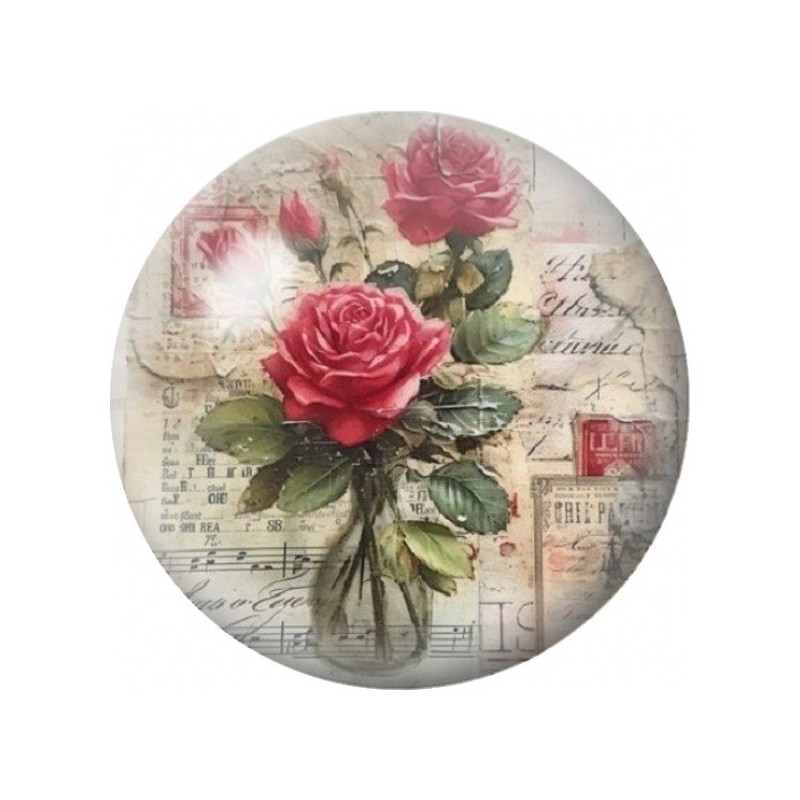 Cabochon en Verre Illustré Roses Rouges sur Carte Vintage 12 à 25mm