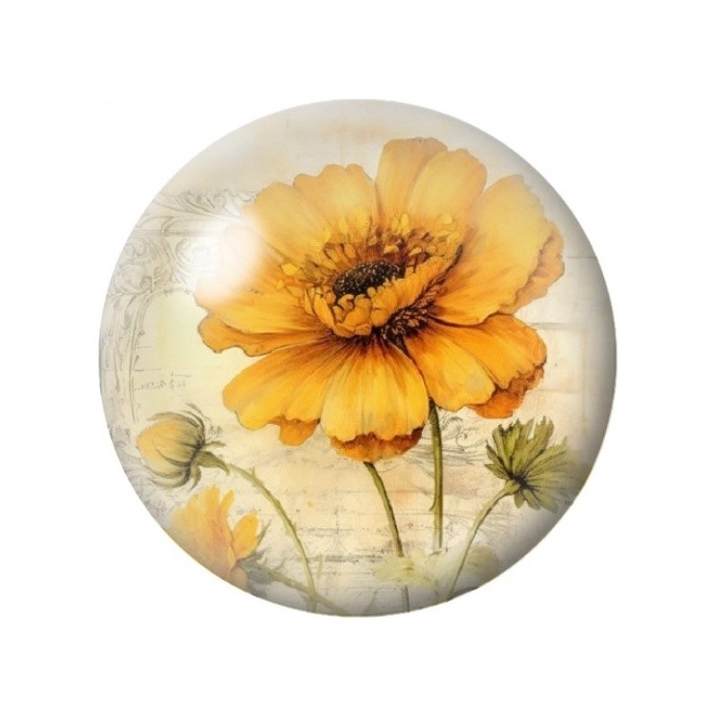 Cabochon en Verre Illustré Coquelicot Jaune Vintage 12 à 25mm