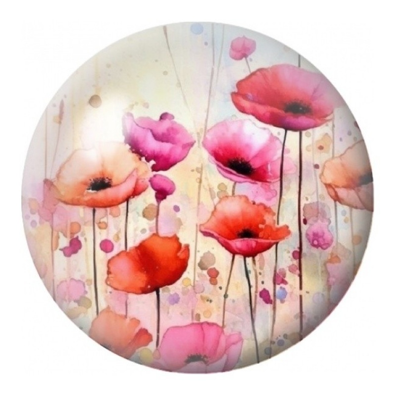 Cabochon en Verre Illustré Champ de Coquelicots Pastel 12 à 25mm