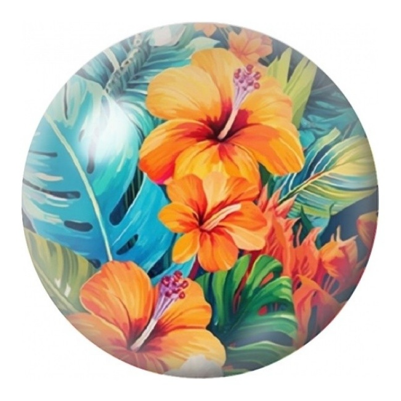 Cabochon en Verre Illustré Hibiscus Orange sur Feuillage Bleu 12 à 25mm