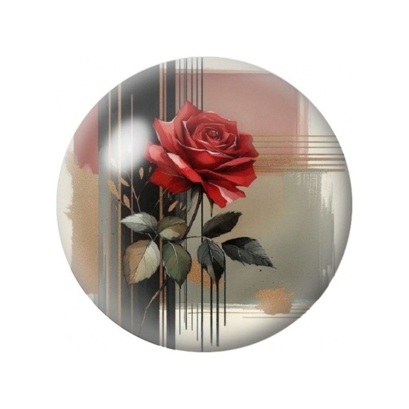 Cabochon en Verre Illustré Rose Rouge sur Fond Géométrique 12 à 25mm