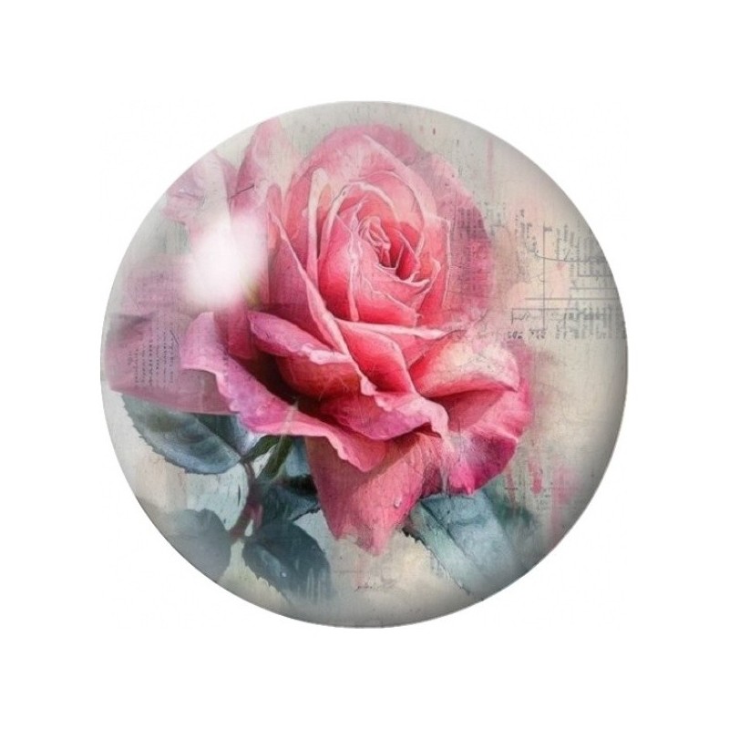 Cabochon en Verre Illustré Rose Rose sur Écriture Vintage 12 à 25mm