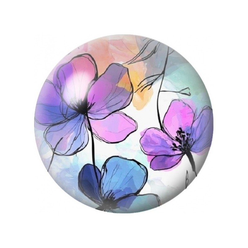 Cabochon en Verre Illustré Fleurs Mauves aux Contours d’Encre 12 à 25mm