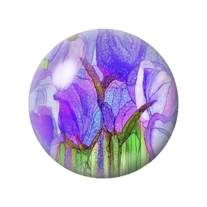 Cabochon en Verre Illustré Iris Violets Façon Vitrail 12 à 25mm