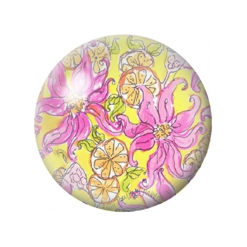 Cabochon en Verre Illustré Lys Roses sur Fond Jaune 12 à 25mm