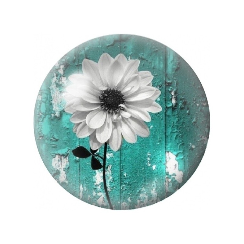 Cabochon en Verre Illustré Marguerite Blanche sur Bois Turquoise 12 à 25mm
