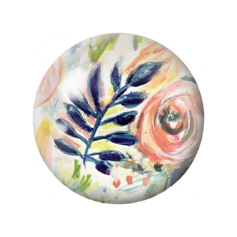 Cabochon en Verre Illustré Feuillage Bleu et Rose Aquarelle 12 à 25mm