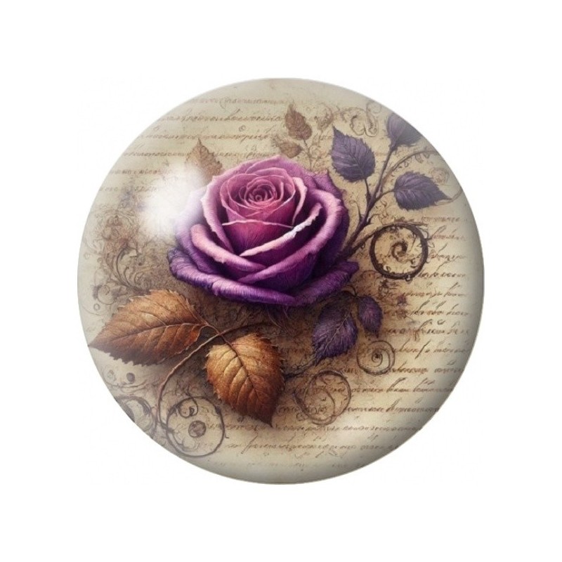 Cabochon en Verre Illustré Rose Violette sur Lettre Ancienne 12 à 25mm