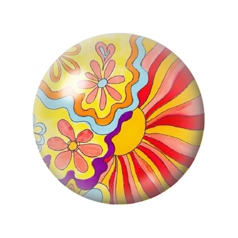 Cabochon en Verre Illustré Fleurs Psychédéliques Jaunes et Roses 12 à 25mm