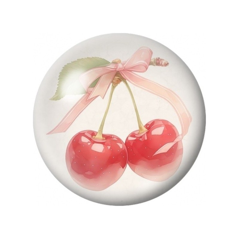 Cabochon en Verre Illustré Cerises au Ruban Rose 12 à 25mm