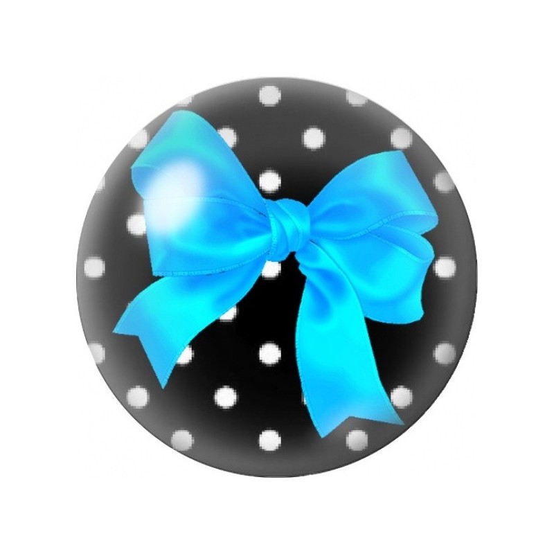 Cabochon en Verre Illustré Nœud Cyan sur Fond Noir à Pois 12 à 25mm