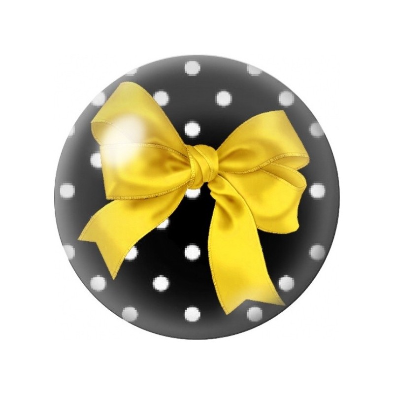 Cabochon en Verre Illustré Nœud Jaune Vif sur Fond Noir à Pois 12 à 25mm