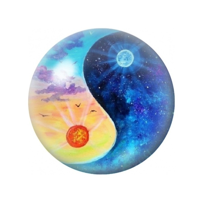 Cabochon en Verre Illustré Yin Yang Soleil et Lune Cosmique 12 à 25mm