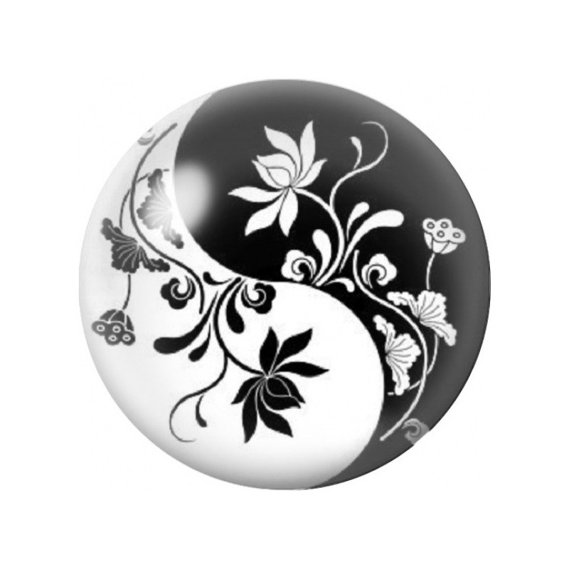 Cabochon en Verre Illustré Yin Yang Floral Noir et Blanc 12 à 25mm