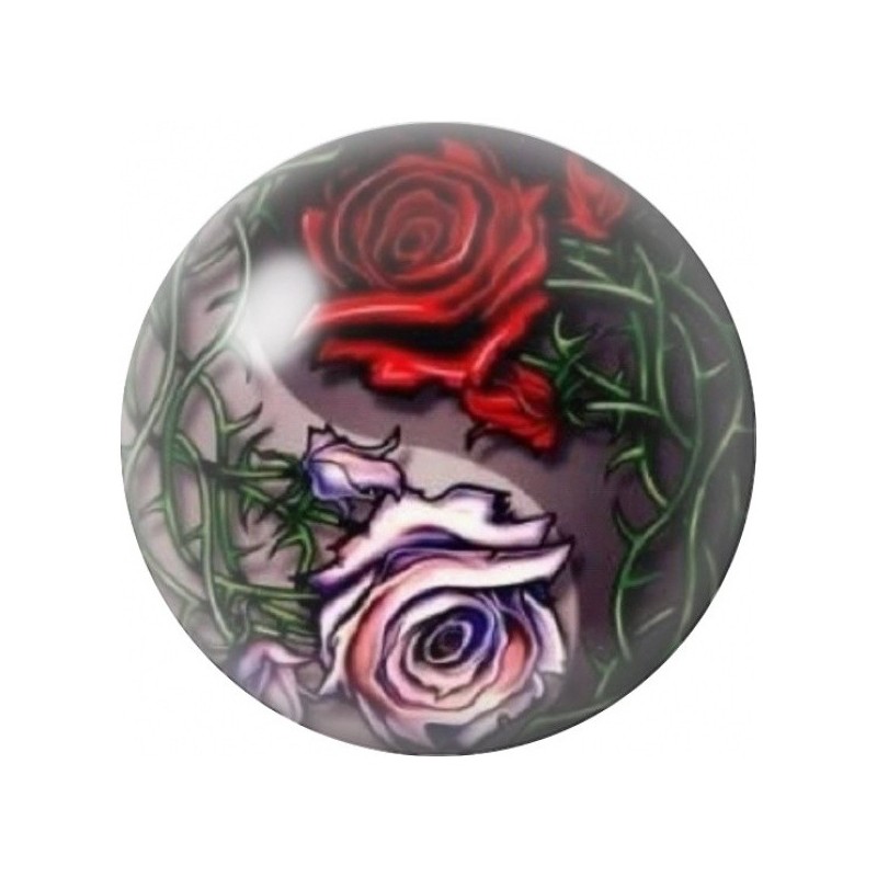 Cabochon en Verre Illustré Yin Yang Roses Rouge et Blanche 12 à 25mm