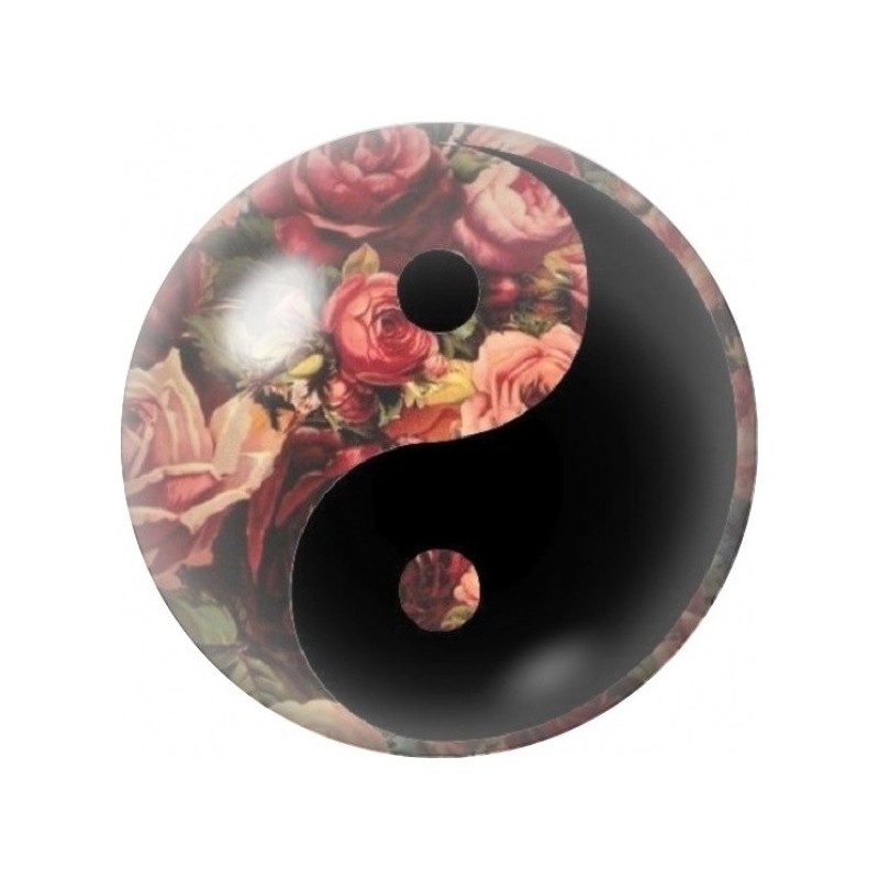 Cabochon en Verre Illustré Yin Yang Roses et Fond Noir 12 à 25mm