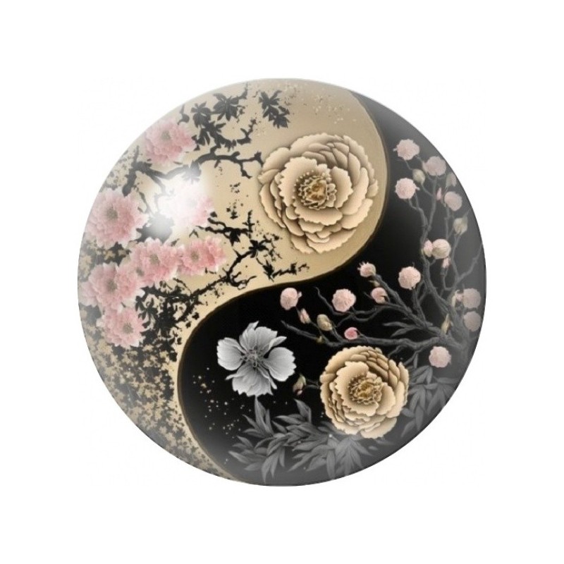 Cabochon en Verre Illustré Yin Yang Fleurs Beige et Noir 12 à 25mm