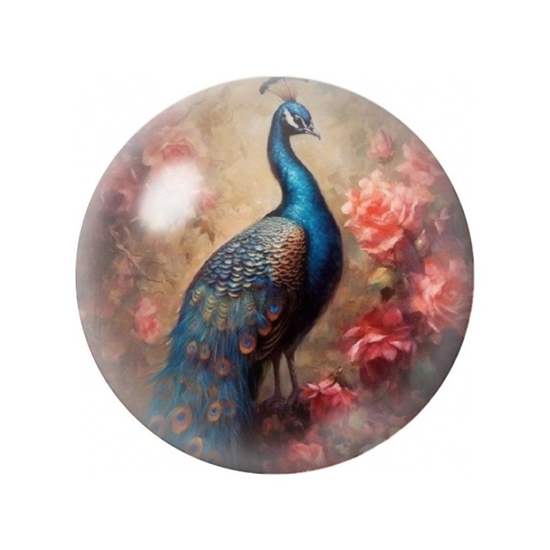 Cabochon en Verre Illustré Paon Bleu parmi les Roses 12 à 25mm