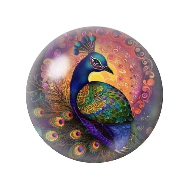 Cabochon en Verre Illustré Paon Ornemental Violet et Or 12 à 25mm