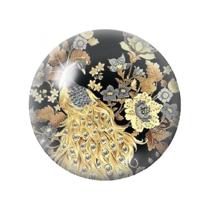 Cabochon en Verre Illustré Paon Doré parmi les Fleurs 12 à 25mm