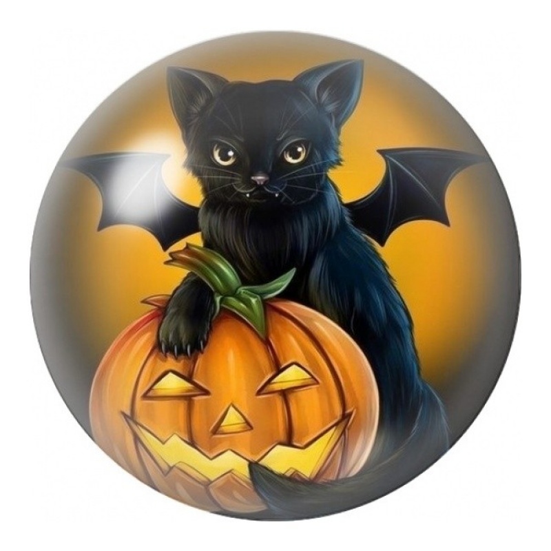 Cabochon en Verre Illustré Chat Noir Ailé et Citrouille 12 à 25mm