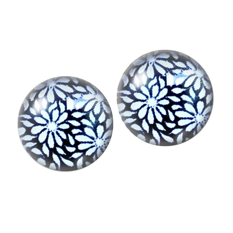 2 Cabochons en Verre Illustré Rosaces Florales Noires et Blanches 10mm
