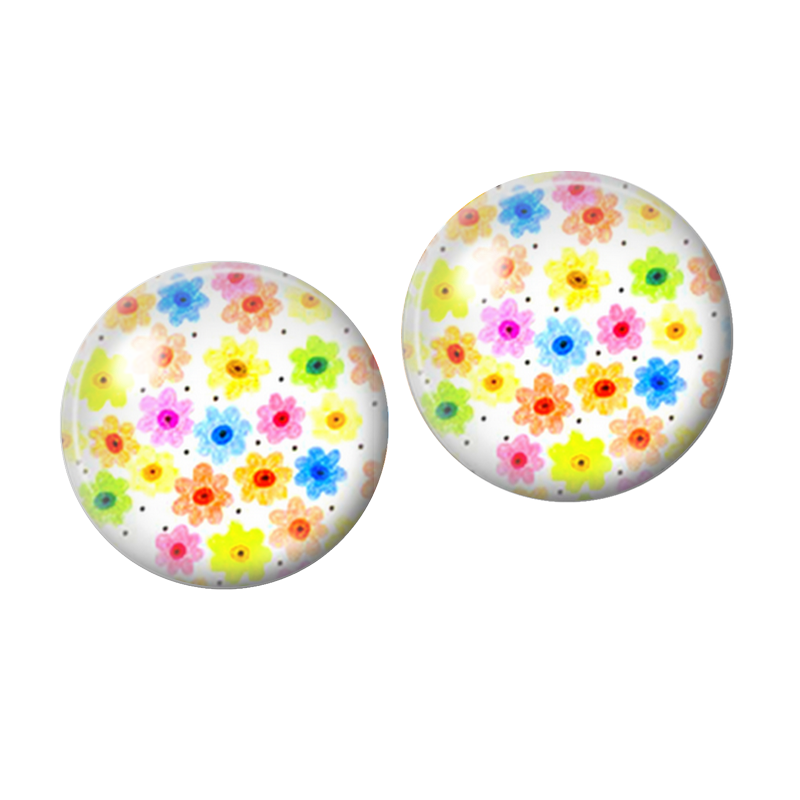 2 Cabochons en Verre Illustré Petites Fleurs Multicolores 10mm