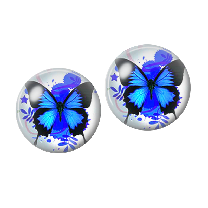 2 Cabochons en Verre Illustré Papillon Bleu et Fleurs 10mm