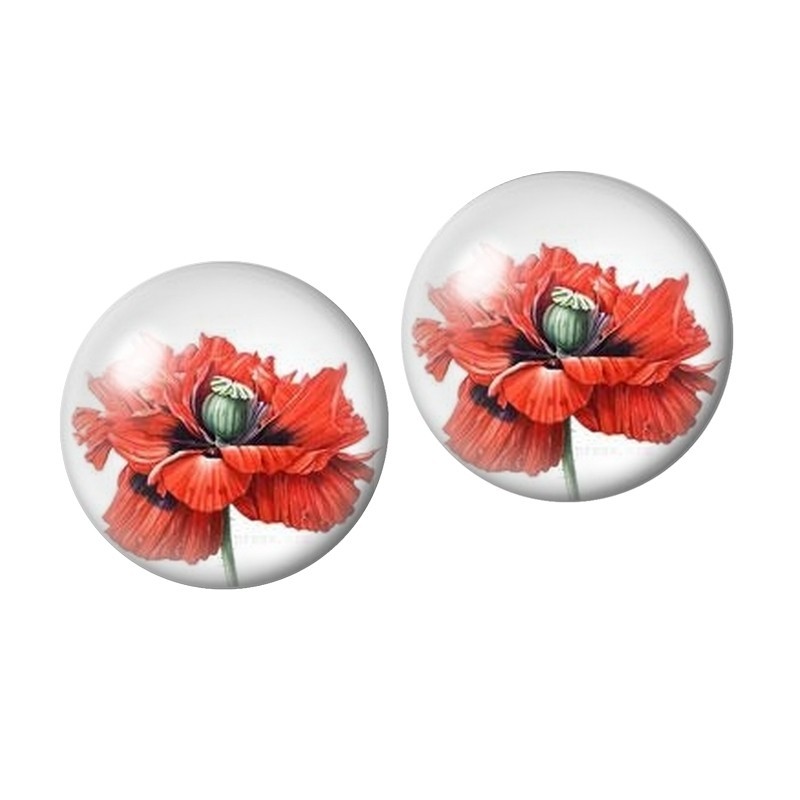 2 Cabochons en Verre Illustré Coquelicots Rouges 10mm