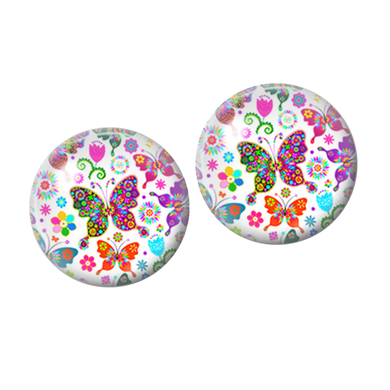2 Cabochons en Verre Illustré Papillons et Fleurs Multicolores 10mm