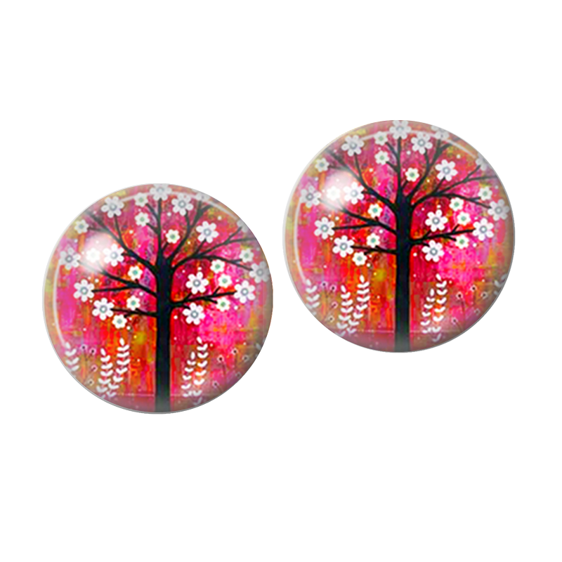 2 Cabochons en Verre Illustré Arbre Rouge Fleuri 10mm