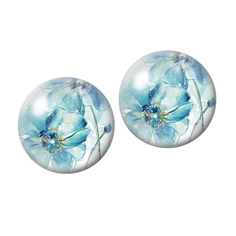 2 Cabochons en Verre Illustré Fleurs Bleues Aquarellées 10mm