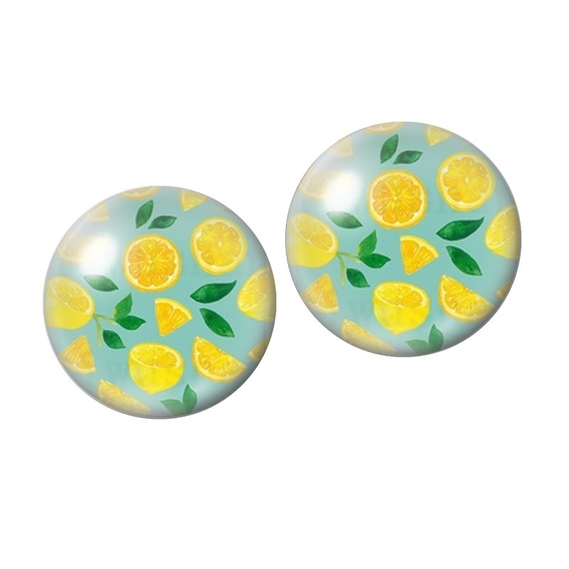 2 Cabochons en Verre Illustré Citrons et Feuilles Vertes 10mm