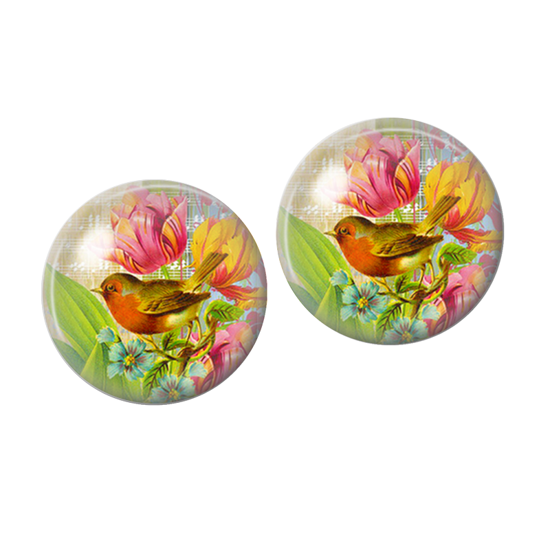 2 Cabochons en Verre Illustré Oiseau Fantaisie Fleuri 10mm