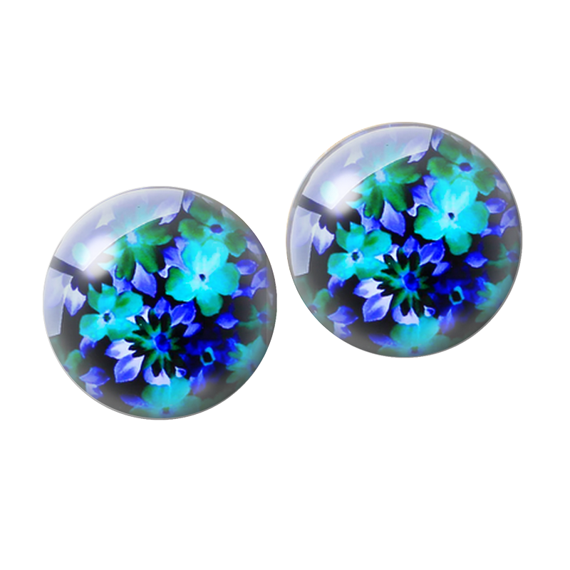 2 Cabochons en Verre Illustré Bouquet de Fleurs Bleues 10mm