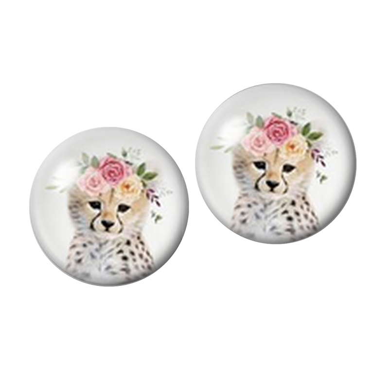 2 Cabochons en Verre Illustré Guépard aux Fleurs Roses 10mm