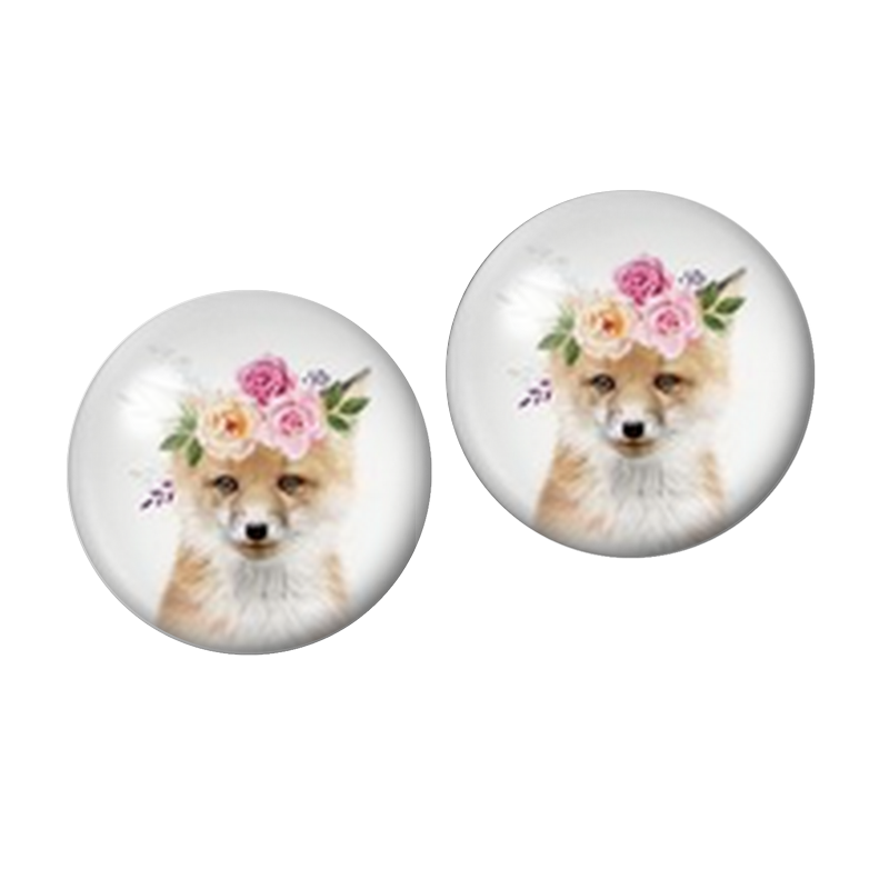 2 Cabochons en Verre Illustré Renard aux Fleurs Pastel 10mm