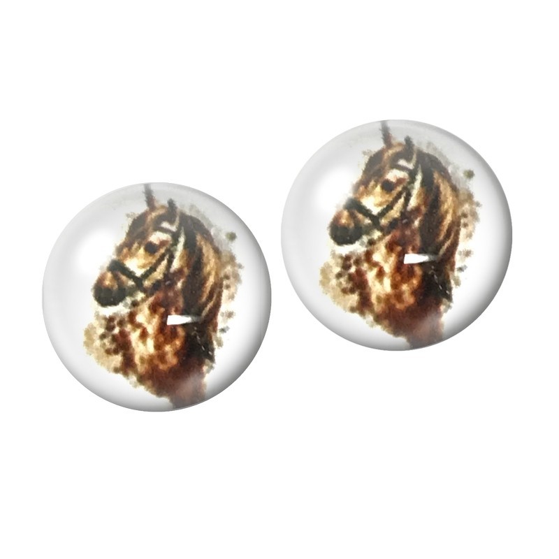 2 Cabochons en Verre Illustré Cheval au Galop Doré 10mm
