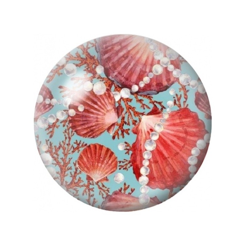 Cabochon en Verre Illustré Coquillages Rouges et Perles 12 à 25mm
