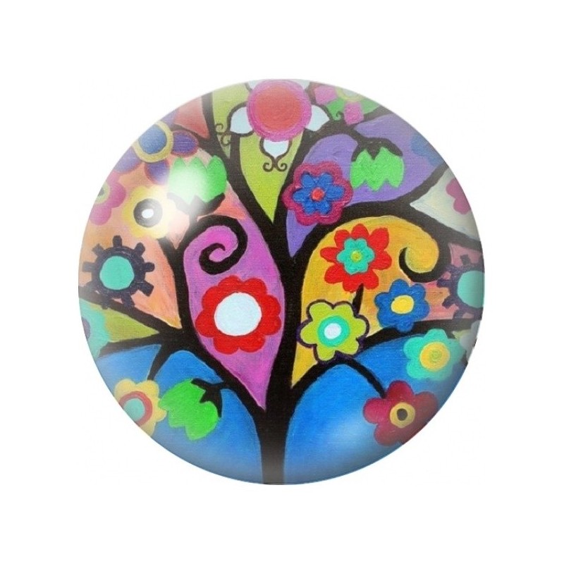 Cabochon en Verre Illustré Arbre aux Fleurs Folk Colorées 12 à 25mm