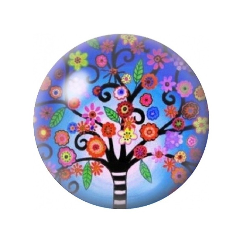 Cabochon en Verre Illustré Arbre Fleuri sur Fond Bleu 12 à 25mm